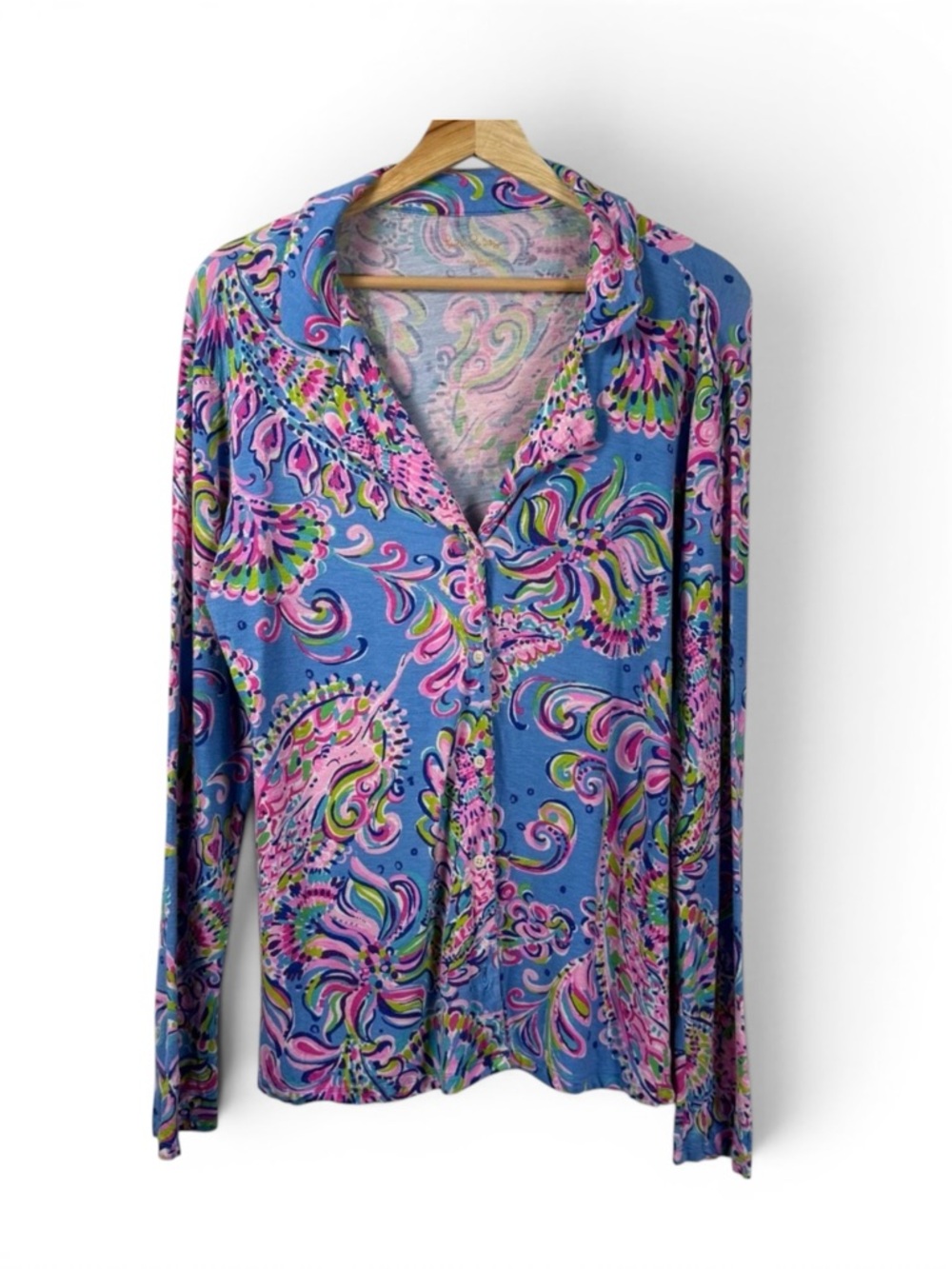 Lilly Pulitzer Knit Button Up Pajama PJ Top Long Sleeve Mermaid Grotto Womens XL